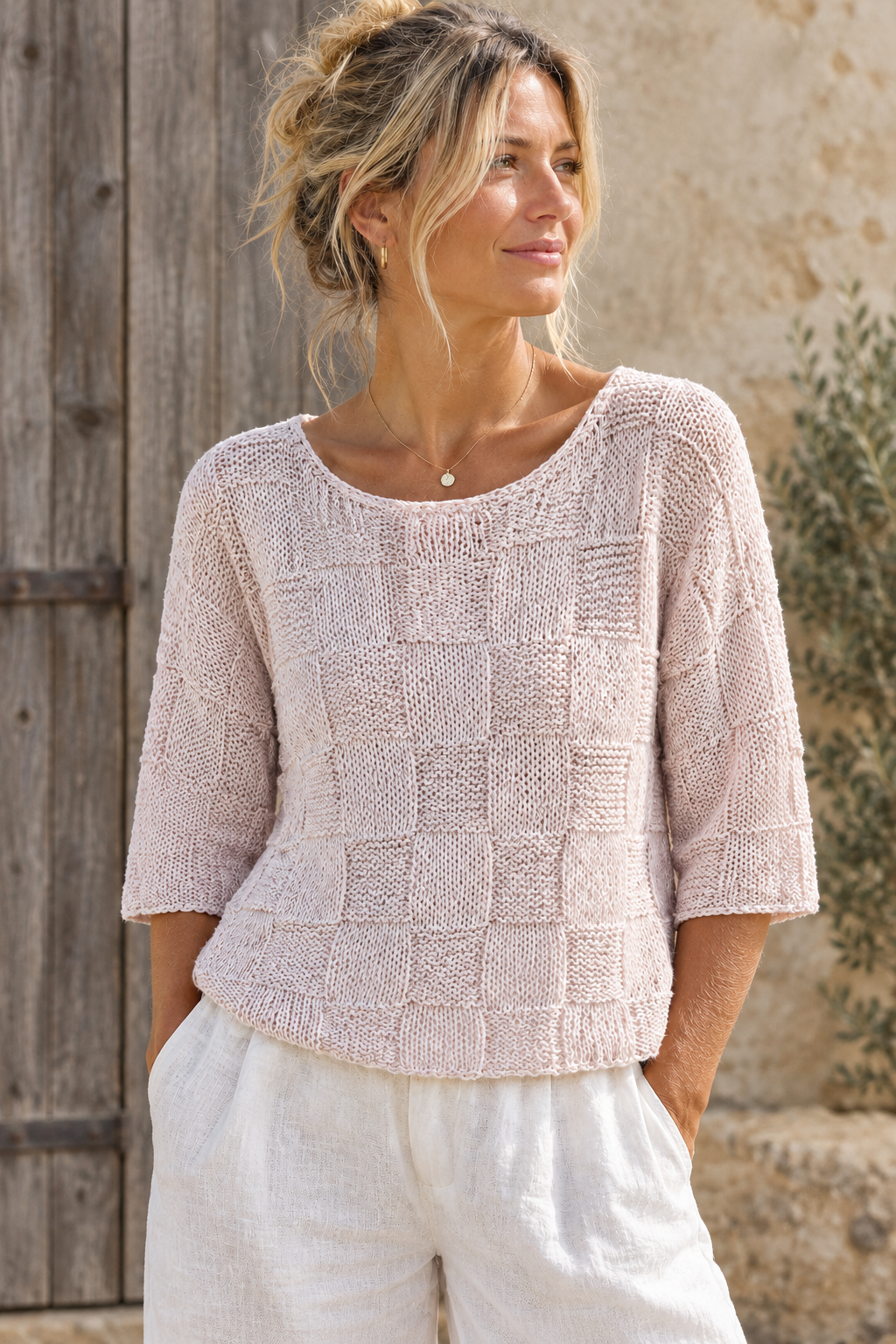 Anna with three-quarter sleeves in a rustic setting