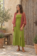 Lacey Cardi in Coral with a rustic background