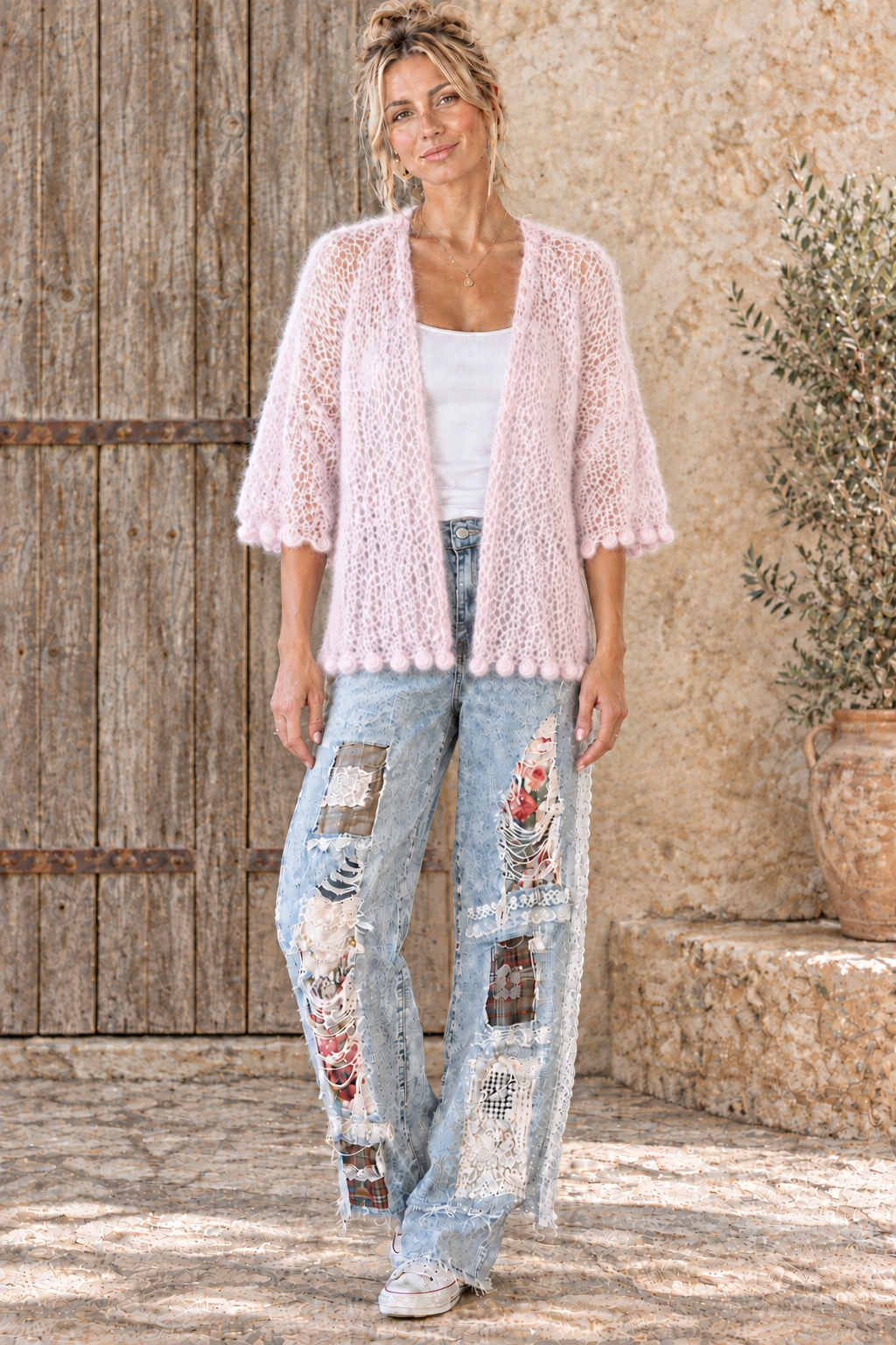 Lucy Bobble Cardi in Pink with a longer hem
